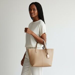 Lauren Ralph Lauren Studded Tan Pebbled Leather Tote Minimalist Classic Work Bag